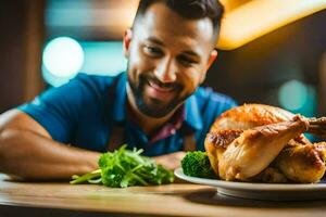 a man smiles while sitting at a table with a roast chicken. AI-Generated photo