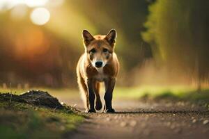 un zorro caminando en un suciedad la carretera en el luz de sol. generado por ai foto
