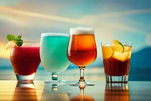 four different drinks in glasses on a table. AI-Generated photo