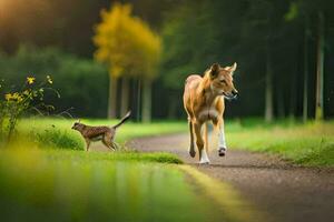 un perro y un gato caminando abajo un la carretera. generado por ai foto