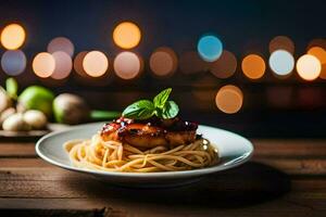 a plate of spaghetti with meat and sauce on a wooden table. AI-Generated photo