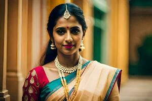 a beautiful indian woman wearing a traditional sari. AI-Generated photo