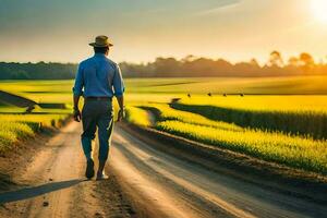 un hombre caminando abajo un suciedad la carretera en un campo. generado por ai foto