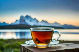 un taza de té en un de madera mesa en frente de un lago. generado por ai foto