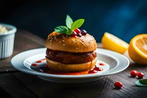 a hamburger on a plate with a lemon. AI-Generated photo