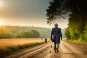 a man in a suit walks down a dirt road. AI-Generated photo