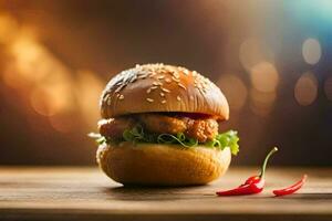 a hamburger with chicken and sauce on a wooden table. AI-Generated photo