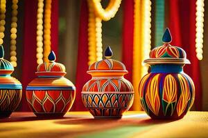 colorful vases on a table with colorful lights. AI-Generated photo
