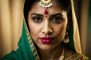 a beautiful indian woman wearing a green sari. AI-Generated photo