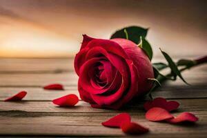 a single red rose is laying on a wooden table with hearts scattered around it. AI-Generated photo