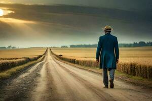 a man in a blue suit and hat walks down a dirt road. AI-Generated photo
