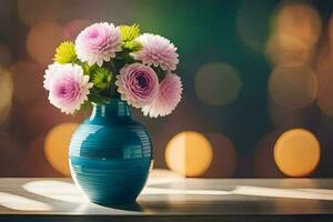 un azul florero con rosado flores sentado en un mesa. generado por ai foto