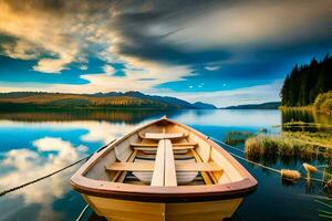 a boat on the lake with a sky and clouds. AI-Generated photo