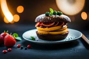 a burger with fruit and vegetables on a plate. AI-Generated photo