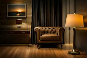 a leather chair and lamp in a room with a wooden floor. AI-Generated photo