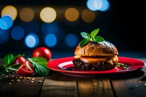 a hamburger with cheese and tomato on a red plate. AI-Generated photo