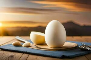 an egg on a wooden table with a knife and spoon. AI-Generated photo