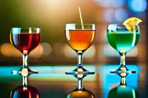 three glasses of different colored drinks on a table. AI-Generated photo