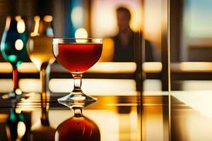 a glass of red wine sitting on a bar. AI-Generated photo