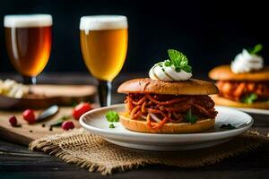 two sandwiches with cheese and beer on a table. AI-Generated photo