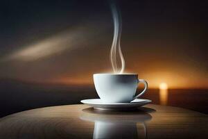 a cup of coffee on a table with a sunset in the background. AI-Generated photo