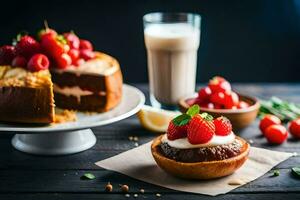 un pastel con fresas y crema en un de madera mesa. generado por ai foto