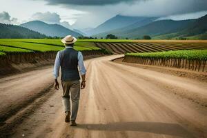 a man walking down a dirt road in front of a field. AI-Generated photo