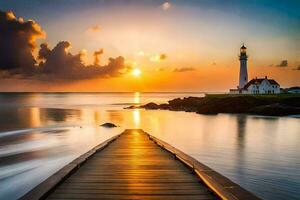 a wooden pier leads to a lighthouse at sunset. AI-Generated photo