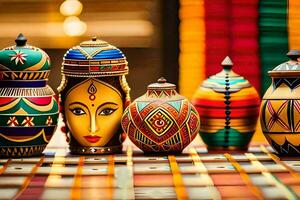 colorful wooden vases with painted faces on them. AI-Generated photo