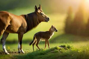 a deer and a baby deer are standing in the grass. AI-Generated photo