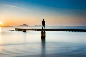 un hombre en pie en un muelle a puesta de sol. generado por ai foto