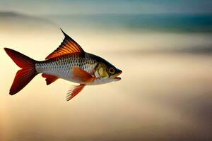 un pescado es volador terminado el océano. generado por ai foto