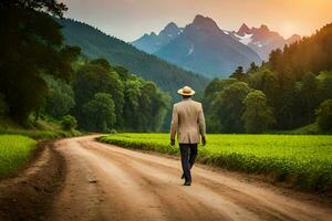a man in a suit walks down a dirt road in front of a green field. AI-Generated photo