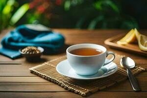 a cup of tea on a wooden table. AI-Generated photo