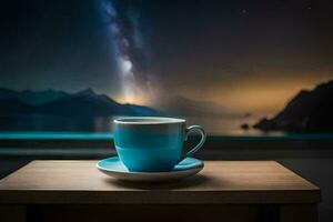 a cup of coffee on a table with a view of the night sky. AI-Generated photo
