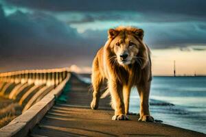 a lion walking along a pier at sunset. AI-Generated photo