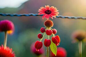 red flowers on a wire. AI-Generated photo