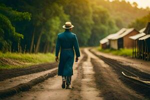 a man in a hat and coat walking down a dirt road. AI-Generated photo
