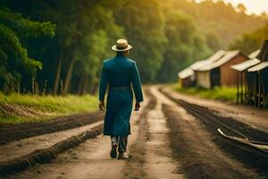 un hombre en un sombrero y Saco caminando abajo un suciedad la carretera. generado por ai foto