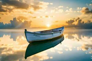 un barco es flotante en el agua a puesta de sol. generado por ai foto