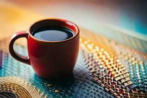 a red cup of coffee on a table. AI-Generated photo