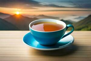 a cup of tea on a wooden table with mountains in the background. AI-Generated photo