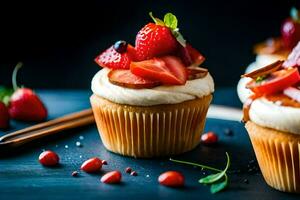 cupcakes with strawberries and cream on a black background. AI-Generated photo