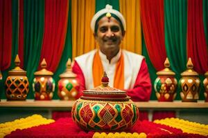 a man in a red and yellow turban standing in front of a colorful pot. AI-Generated photo