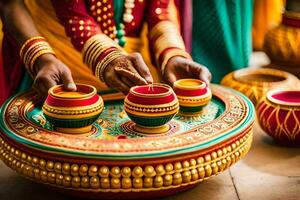 a woman in traditional indian dress is preparing a bowl of food. AI-Generated photo