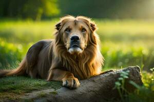 a lion is sitting on a log in the grass. AI-Generated photo