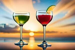 two glasses of cocktails with sunset in the background. AI-Generated photo