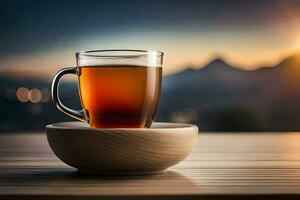 a cup of tea on a wooden table in front of a sunset. AI-Generated photo