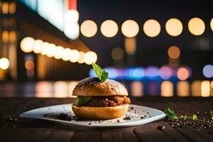 a burger on a plate with a city view. AI-Generated photo