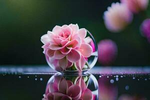 pink flowers in a glass vase with water droplets. AI-Generated photo